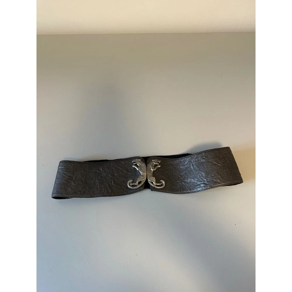 Raina Silver Panther Buckle Wide Leather and Elastic Belt